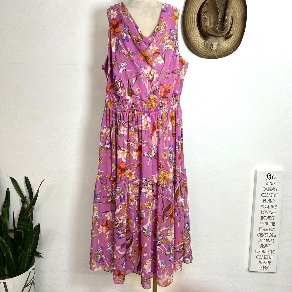 Maison Tara Floral Maxi Dress 20W Plus Size Purple Smocked Waist Sleeveless Boho